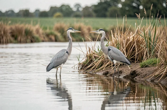Deux hérons cendrés gris et blancs au bord d'une rivière calme avec reflets dans l'eau