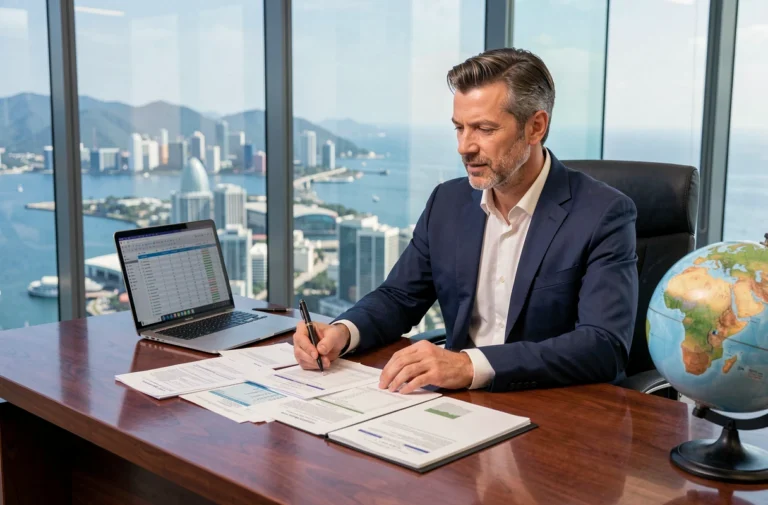 Homme d'affaires consultant des documents de fiscalité internationale dans un bureau moderne avec vue sur une ville côtière