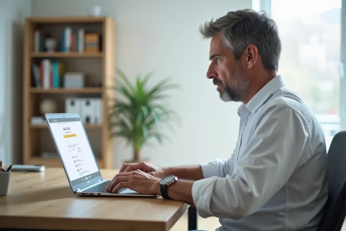 Homme utilisant un annuaire inversé gratuit sur un ordinateur portable au bureau