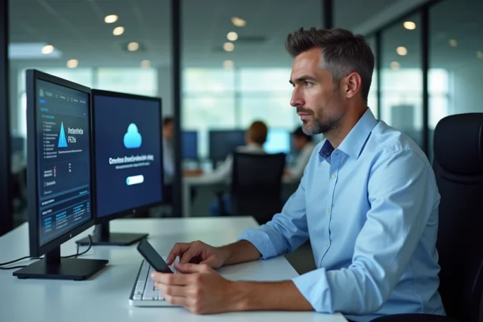 Homme en bureau professionnel face à une erreur de connexion sur un service cloud avec deux écrans