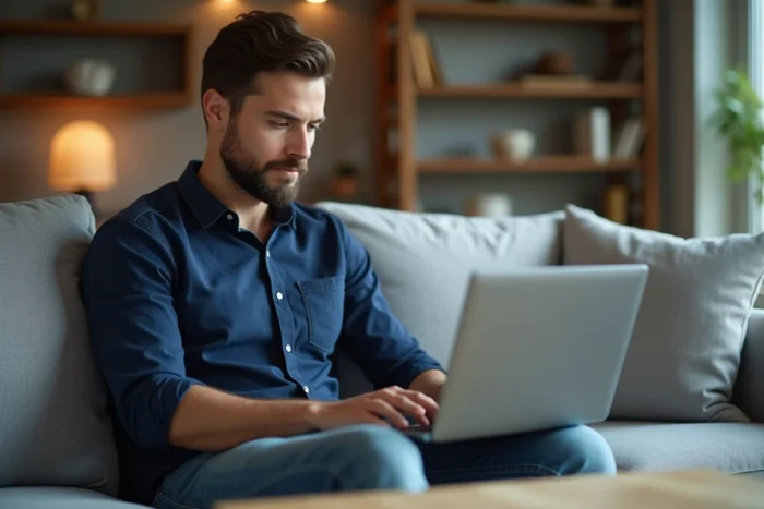 Homme connecté sur Zalando depuis un ordinateur portable pour mettre à jour son adresse de livraison dans son salon
