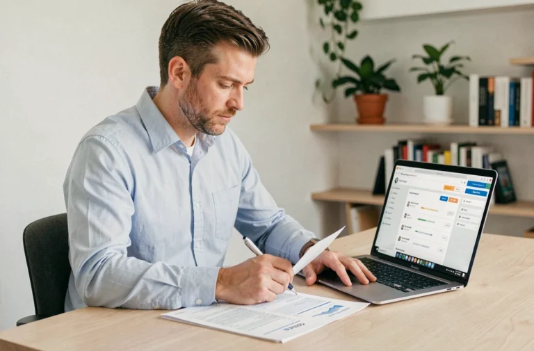 Homme consultant une checklist pour transférer un nom de domaine sur son ordinateur portable dans un bureau moderne