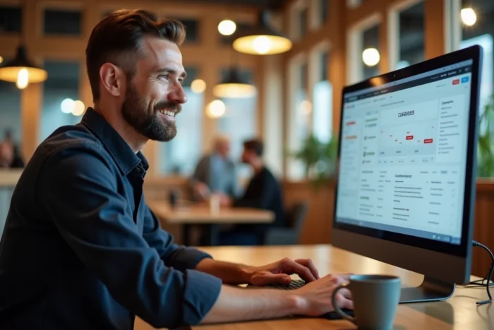 Homme d'affaires consultant un tableau de bord e-commerce sur un grand écran dans un espace de coworking moderne