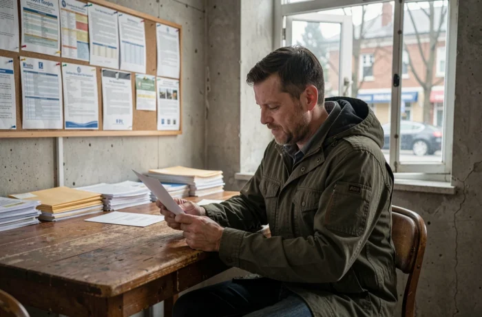 Homme sans domicile fixe lisant une lettre reçue via une adresse de domiciliation dans un centre d'aide sociale