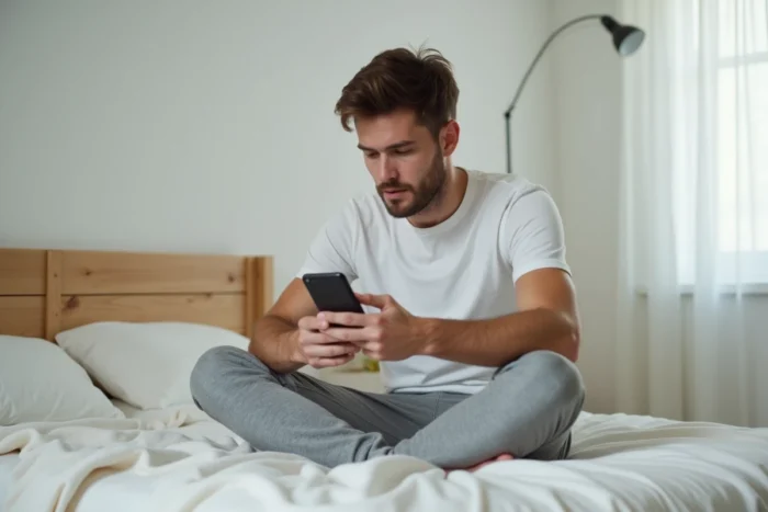 Homme introspectif regardant son téléphone dans une chambre minimaliste, questionnement sur sa vie sentimentale