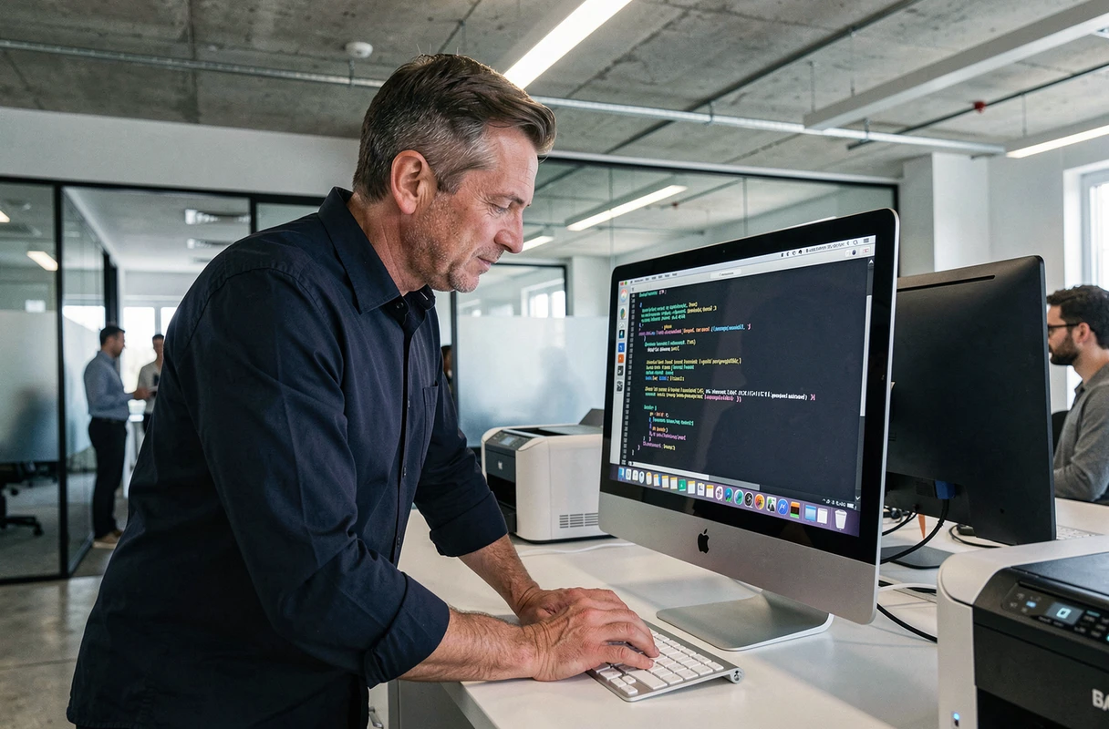 Homme vérifiant les logs d'impression macOS sur un iMac dans un bureau professionnel ouvert