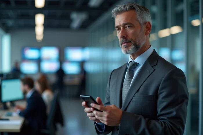 Homme de médias en costume gris dans une salle de rédaction moderne, illustrant l'influence professionnelle et la vie publique d'un personnage médiatique