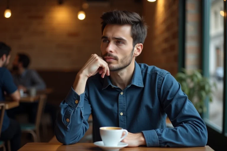 Homme pensif seul dans un café parisien, regard mélancolique évoquant le mystère sentimental