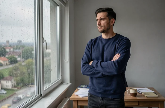 Man die voor een raam staat terwijl het regent in een appartement, met een vastberaden blik die veerkracht en doorzettingsvermogen symboliseert in het aangezicht van tegenslagen