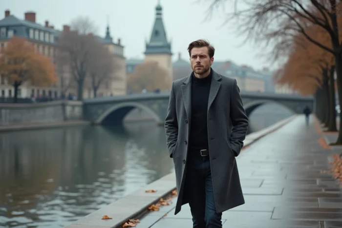 Homme seul se promenant au bord d'une rivière urbaine en automne, atmosphère de mystère et de solitude sentimentale