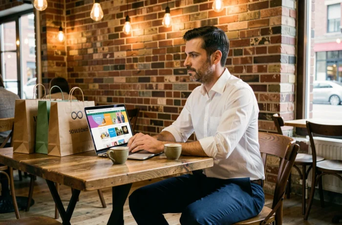 Homme parcourant un site de shopping en ligne avec des sacs d'achats dans un café urbain, illustrant les bonnes affaires et actualités e-commerce