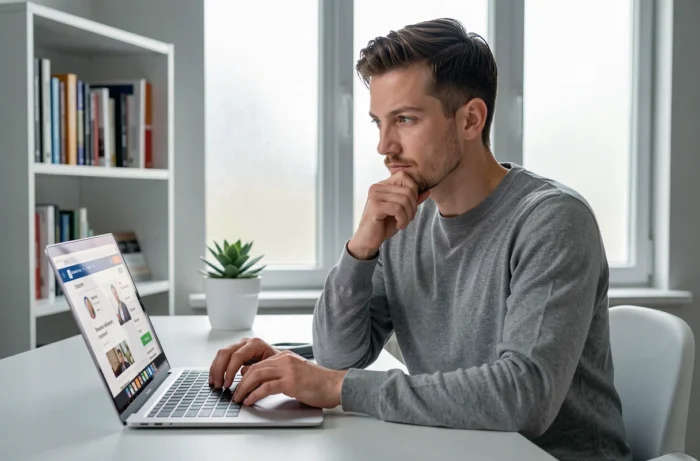 Homme réfléchissant devant un ordinateur portable affichant un site de rencontre dans un appartement moderne et minimaliste