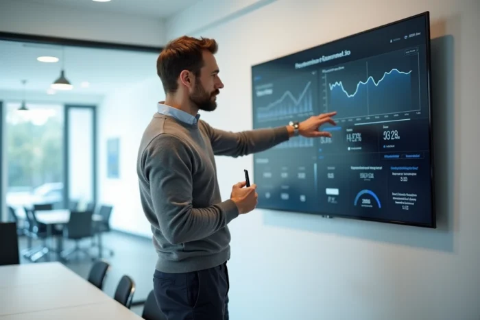 Homme en réunion professionnelle pointant des erreurs sur un tableau de bord ZalentraPro affiché sur grand écran