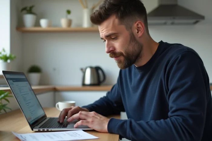Homme vérifiant son compte bancaire en ligne sur un ordinateur portable dans une cuisine moderne