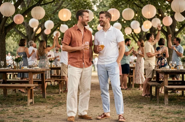Deux hommes en tenues guinguette complémentaires en lin et seersucker riant ensemble lors d'une fête estivale en plein air