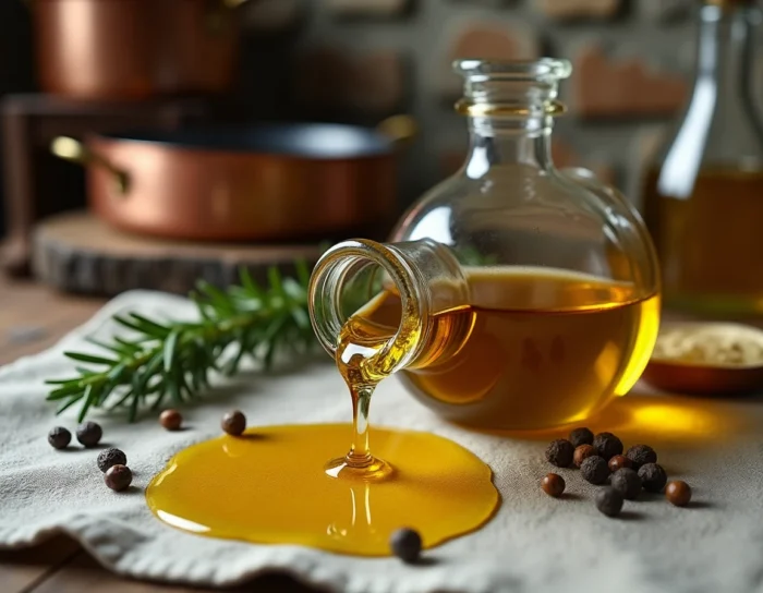 Primer plano de una botella de aceite derramado sobre una mesa de piedra con hierbas y especias, simbolizando la superstición