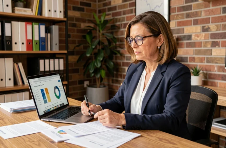 Professionnelle indépendante comparant des offres de mutuelle santé à son bureau à domicile