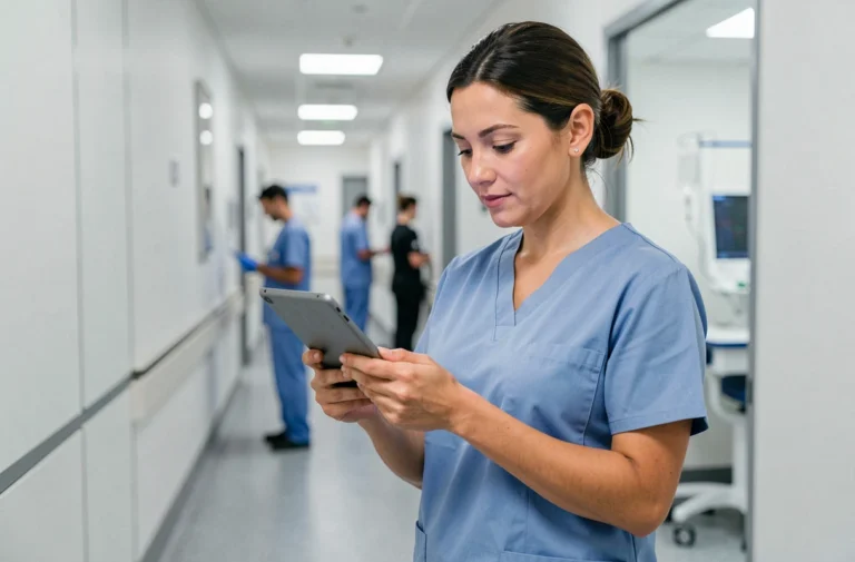 Infirmière en blouse bleue consultant une tablette numérique dans un couloir d'hôpital moderne, illustrant les solutions digitales pour les professionnels de santé