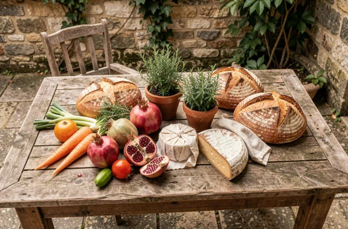 Assortiment d'ingrédients frais et de saison disposés sur une table de ferme en pierre dans un cadre provençal
