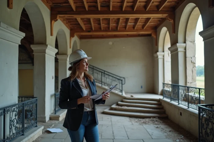 Architecte inspectant l'état structurel intérieur d'un château délabré avant travaux de rénovation