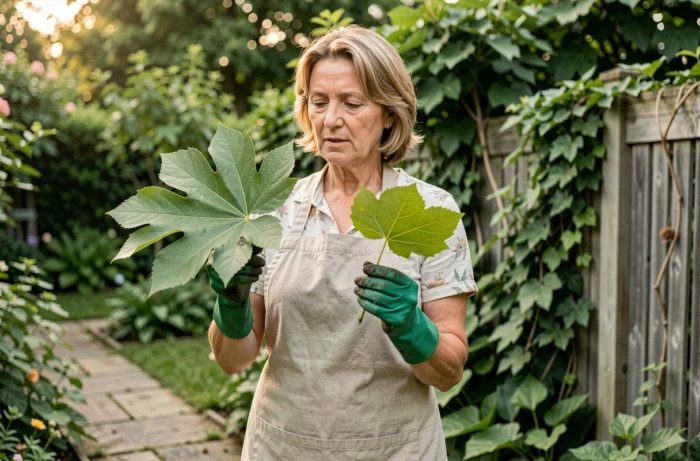 Vrouwelijke tuinier vergelijkt een groot blad van platanenmoerbe met een blad van fruitmoerbe in een weelderige tuin in de zomer