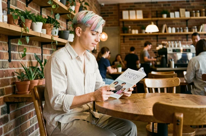 Jeune adulte non-binaire lisant un magazine inclusif dans un café indépendant
