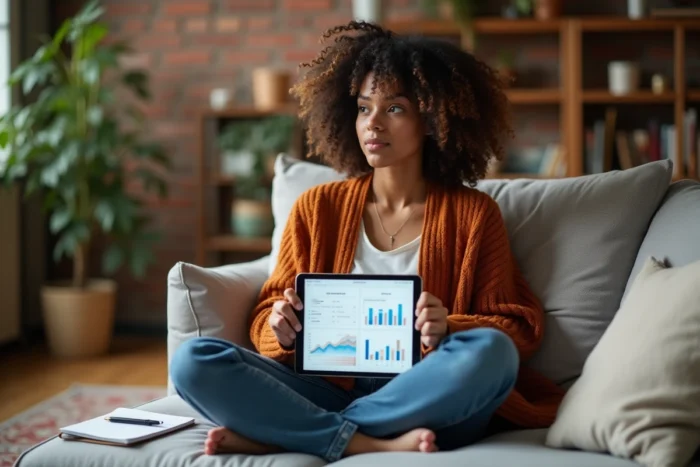 Jeune femme analysant des statistiques de marketing d'affiliation sur une tablette depuis son salon confortable