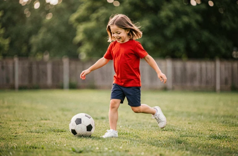 Jeune fille souriante qui joue au football sur un terrain en herbe, initiation au sport dès le plus jeune âge