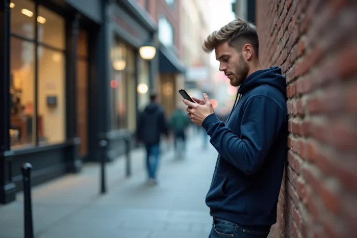 Jeune homme recevant un appel d'un numéro inconnu dans une rue urbaine avec son téléphone