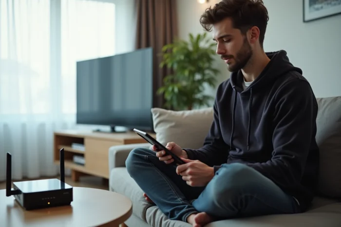 Jeune homme consultant un guide de dépannage de connexion cloud sur une tablette dans son salon