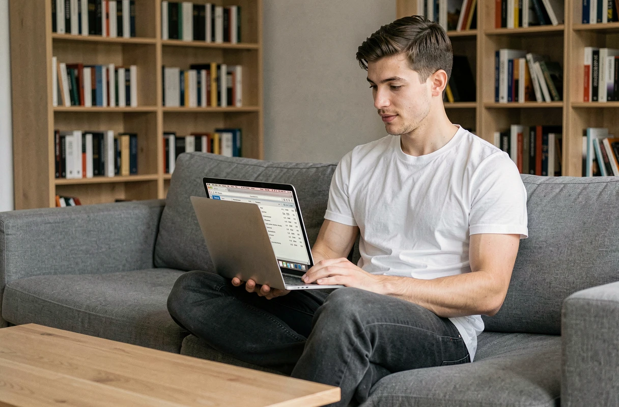 Jeune homme consultant l'historique CUPS d'impression Mac sur un MacBook Air dans un appartement moderne