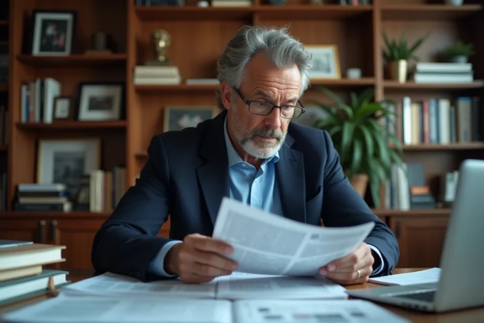 Journaliste masculin d'âge mûr dans un bureau éditorial encombré de documents, évoquant la carrière médiatique et la vie professionnelle d'un rédacteur en chef influent
