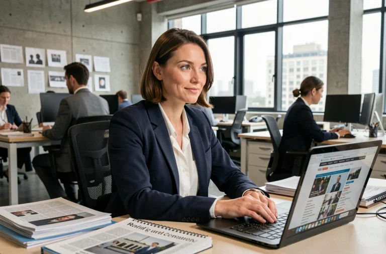 Journaliste professionnelle dans une salle de rédaction moderne, assise à son bureau avec des articles imprimés et un ordinateur portable