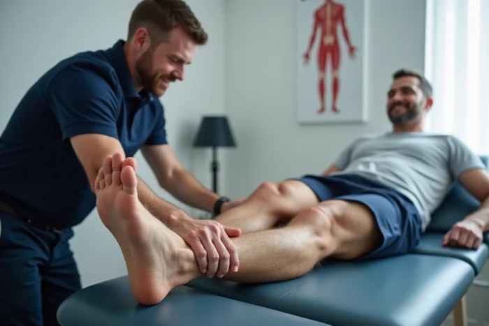 Kinésithérapeute pratiquant un massage thérapeutique sur le mollet d'un coureur blessé allongé sur une table de soins en cabinet de kinésithérapie