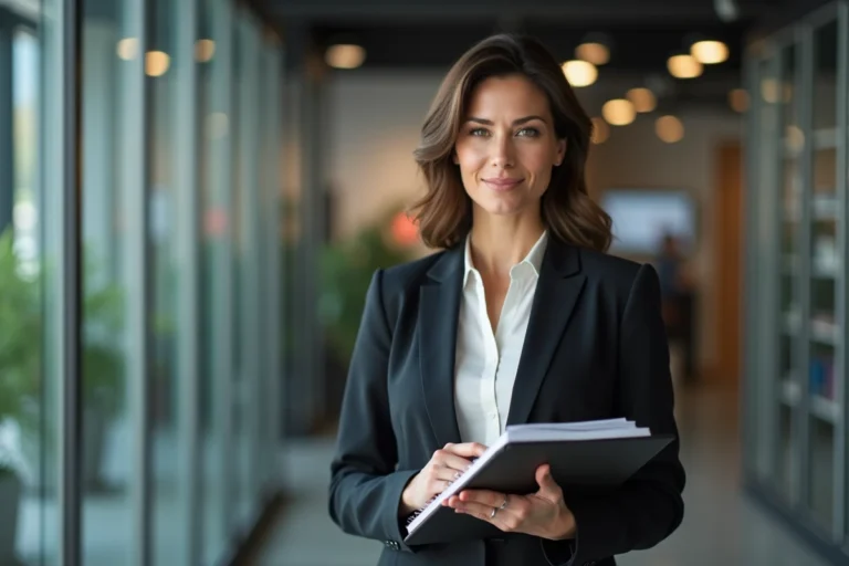 Portrait professionnel de Laurène Godey, journaliste et personnalité médiatique française, dans un bureau éditorial moderne