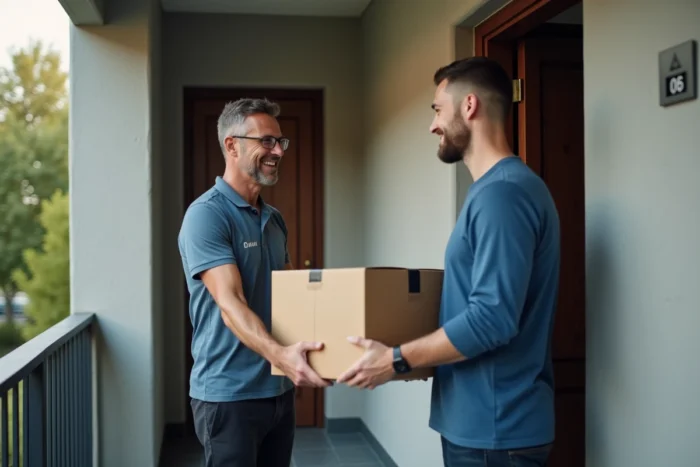 Livreur remettant une commande de courses Carrefour à un client devant sa porte d'appartement