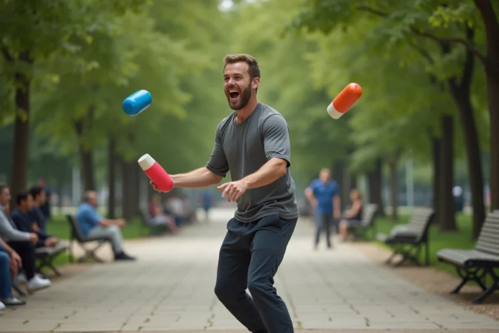 Homme jonglant avec des massues colorées dans un parc urbain animé en plein air