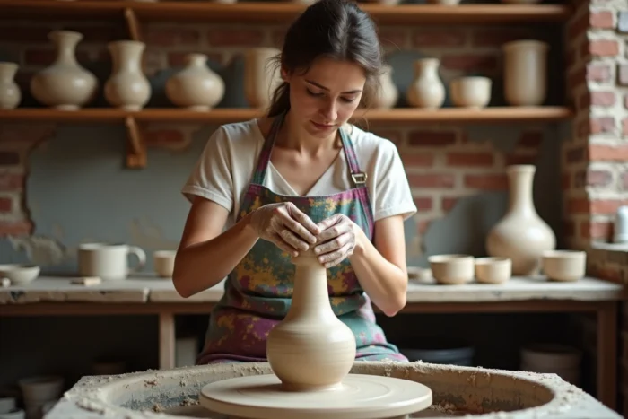 Femme en train de faire de la poterie dans un atelier artisanal avec des murs en briques apparentes