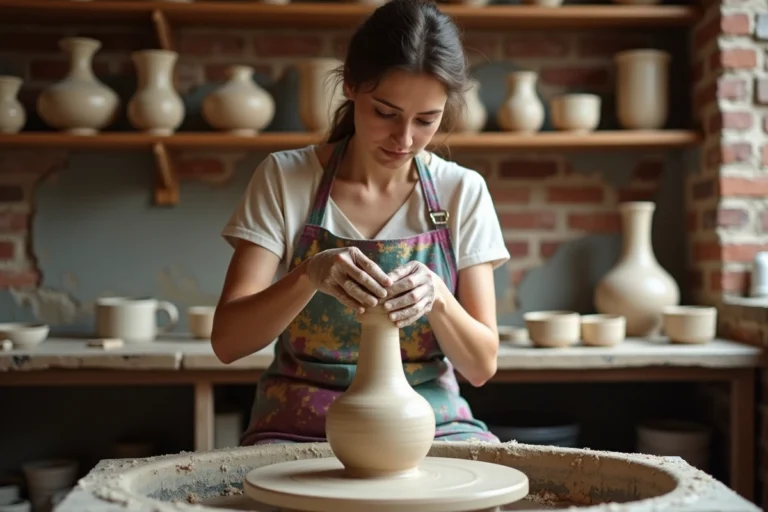 Femme en train de faire de la poterie dans un atelier artisanal avec des murs en briques apparentes