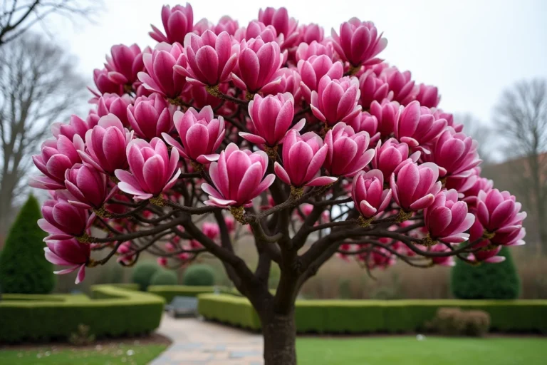 Magnolia Vulcan en pleine floraison dans un jardin résidentiel, avec ses grandes fleurs rose-cramoisi caractéristiques au printemps