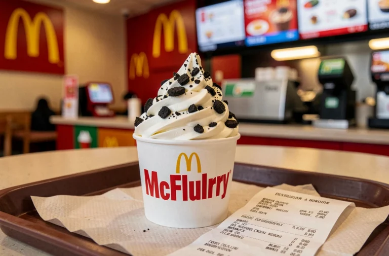 McFlurry McDonald's sur plateau avec reçu de caisse dans un restaurant fast food