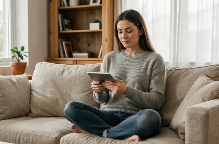Mère seule sur son canapé consultant une plateforme de soutien parental en ligne via une tablette