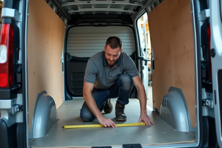 Homme mesurant la longueur intérieure du plancher d'un Renault Trafic L1H1 avec un mètre ruban depuis les portes arrière ouvertes