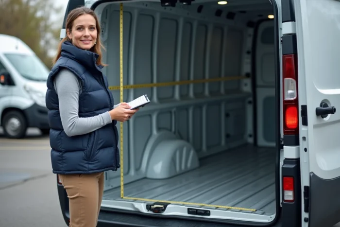 Femme professionnelle mesurant la largeur intérieure d'un Renault Trafic L1H1 depuis la porte latérale coulissante avec un carnet de notes