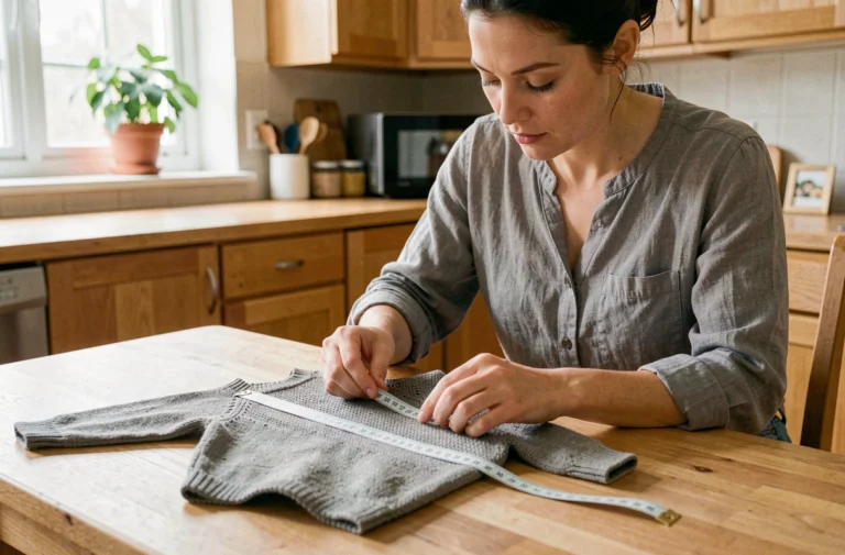 Femme mesurant un petit pull enfant sans étiquette avec un mètre ruban sur une table en bois dans une cuisine familiale