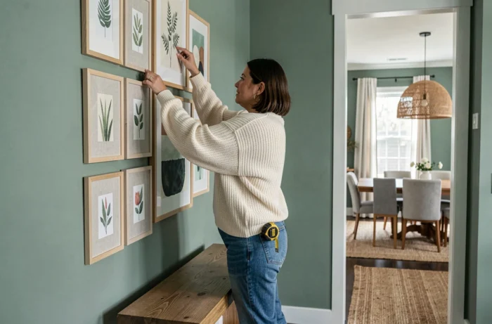 Femme accrochant un mur de cadres botaniques dans un couloir décoré avec style pour transformer l'intérieur de sa maison