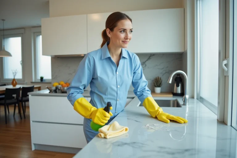 Technicienne de nettoyage professionnel en train de nettoyer le plan de travail d'une cuisine moderne dans un appartement parisien