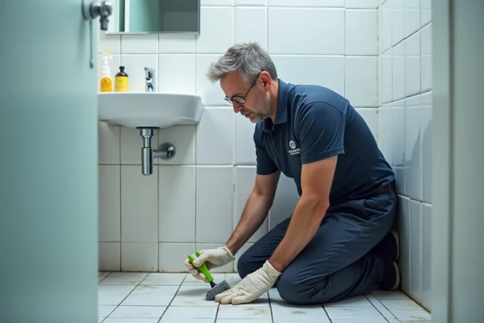 Agent de nettoyage professionnel en train de récurer les joints de carrelage dans une salle de bain d'appartement