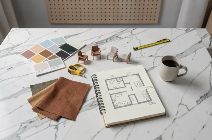 Vista dall'alto di strumenti e accessori per la decorazione d'interni su un tavolo in marmo bianco
