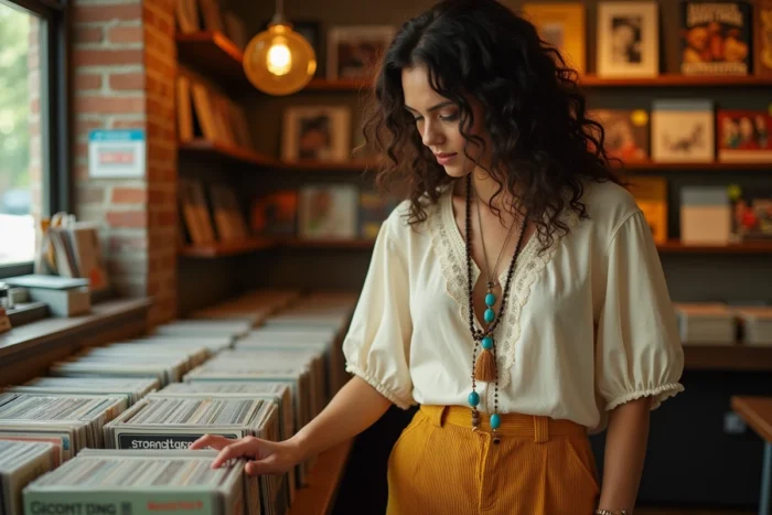 Femme en pantalon patte d'éléphant moutarde et blouse paysanne dans un magasin de disques vintage, look hippie chic des années 70